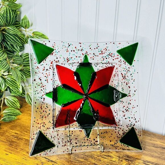 Fused Glass Signed Christmas Star Plate Serving Square Green Red Speckled 9” - Picture 2 of 12
